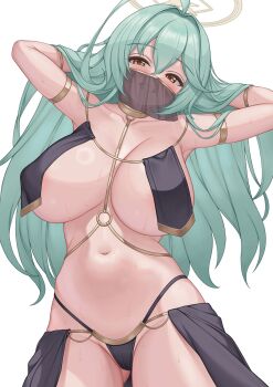 1girl ahoge alternate_costume armlet arms_behind_head blue_archive breast_curtains breasts brown_halo commentary_request dancer green_hair halo highres jewelry large_breasts long_hair looking_at_viewer mask mouth_mask navel open_mouth pinkcap simple_background solo thighs white_background yellow_eyes yume_(blue_archive)