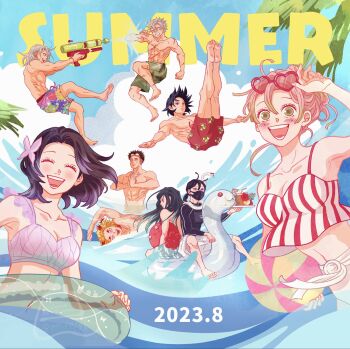 2girls 6+boys an10196 aqua_hair bare_shoulders barefoot bikini black_hair black_shirt blonde_hair blush breasts butterfly_hair_ornament cleavage closed_mouth cocktail_umbrella colored_tips dated eyewear_on_head facial_scar flower flower_in_drink full_body goggles goggles_on_head gradient_hair green_eyes green_hair green_male_swimwear hair_ornament heart heart-shaped_eyewear highres himejima_gyoumei holding holding_swim_ring holding_water_gun iguro_obanai inflatable_toy innertube kaburamaru kanroji_mitsuri kimetsu_no_yaiba kochou_shinobu long_hair low_ponytail male_swimwear mask medium_breasts medium_hair midriff mole mole_under_eye mouth_mask multicolored_hair multiple_boys multiple_girls open_mouth own_hands_together palm_tree partially_submerged pink_bikini pink_hair ponytail print_male_swimwear purple_hair red_flower red_hair red_male_swimwear rengoku_kyoujurou scar scar_on_cheek scar_on_face shinazugawa_sanemi shirt short_hair smile snake striped_clothes striped_shirt summer sunglasses swim_ring swimming swimsuit tokitou_muichirou tomioka_giyuu topless_male tree tropical_drink two-tone_hair updo upper_body uzui_tengen water_gun white_male_swimwear white_snake