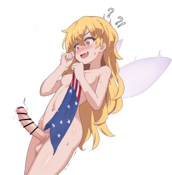 !? 1futa absurdres bar_censor blonde_hair blush breasts censored clownpiece cowboy_shot erection fang feet_out_of_frame futanari highres large_penis long_hair navel nipples nude open_mouth penis precum red_eyes shiratsuki_shiori small_breasts smile solo testicles touhou