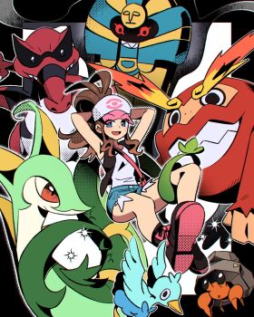 1brad 1girl :d antenna_hair baseball_cap black_boots black_vest blue_eyes boots brown_hair cofagrigus commentary_request darmanitan ducklett dwebble exposed_pocket gen_5_pokemon hat high_ponytail highres hilda_(pokemon) korean_commentary krookodile long_hair nintendo open_clothes open_mouth open_vest pokemon pokemon_bw ponytail serperior shirt shorts sidelocks sleeveless sleeveless_shirt smile vest white_shirt