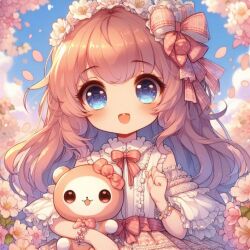 Rule 34 | 1girl, blue eyes, blush, bow, bowtie, bracelet, brown hair, cherry blossoms, child, detached sleeves, dress, falling petals, flower, frilled dress, frilled sleeves, frills, hair bow, hair flower, hair ornament, jewelry, long hair, looking at viewer, multicolored hair, non-web source, petals, pink bow, pink bowtie, pink flower, pink hair, rainbow in eye, skirt, smile, solo, stuffed animal, stuffed toy, teddy bear, teddy bear ornament, teeth, upper body, upper teeth only, waist bow, white dress, white flower