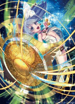 1girl blue_eyes blue_hair breasts coin copyright_notice dress earrings gold_coin holding holding_coin holding_shield jewelry kutori_pan&#039;ya long_hair looking_at_viewer open_clothes open_dress open_mouth shield single_earring small_breasts smile solo tama_(wixoss) twintails white_dress wixoss