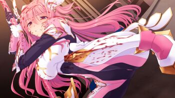 1girl armor blood blood_in_hair blood_on_clothes blood_on_face bodysuit breasts clenched_teeth dutch_angle en_ciel_rena en_ciel_rena_(aegis) floating_hair game_cg gauntlets holding holding_polearm holding_weapon kourin_tenshi_en_ciel_rena large_breasts large_variant_set long_hair looking_at_viewer magical_girl non-web_source official_art pink_eyes pink_hair polearm red_eyes saitou_natsuki solo spear suhamaya teeth tomoe_rena two_side_up variant_set weapon