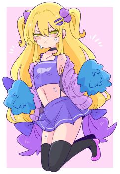1boy annoyed blonde_hair blush breasts cheerleader choker crop_top crossdressing crossdressing_(mtf) feet green_eyes hair_ornament high_heels highres holding holding_pom_poms jacket kapela_(op_na_yarou) legs long_hair looking_at_viewer male_focus midriff miniskirt narrowed_eyes navel op_na_yarou open_clothes open_jacket original panties pink_shoes pom_pom_(cheerleading) pom_poms pout purple_skirt purple_top shoes skirt small_breasts string_panties sweat thighhighs thighs thong trap twintails two-tone_background underwear very_long_hair whale_tail_(clothing) white_background