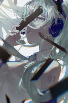 1girl absurdres akuta_vi aqua_eyes aqua_hair aqua_necktie bare_shoulders black_sleeves blue_eyes blue_hair blurry blurry_foreground breasts broken chromatic_aberration close-up collared_shirt detached_sleeves disintegration dissolving fingernails grey_shirt hair_between_eyes hair_ornament hatsune_miku headphones headset highres holding long_hair looking_at_viewer looking_to_the_side microphone necktie nostrils number_tattoo parted_lips shirt simple_background sleeveless solo tattoo twintails upper_body very_long_hair vocaloid white_background