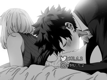 1boy 1girl backlighting boku_no_hero_academia breasts closed_eyes clothes_lift commentary english_commentary formal_clothes freckles greyscale hetero instagram_username kissing_back large_breasts medium_hair midoriya_izuku monochrome mu_1_2 panties scar scar_on_hand shirt shirt_lift sleeveless sleeveless_shirt suit twitter_username underwear uraraka_ochako watermark