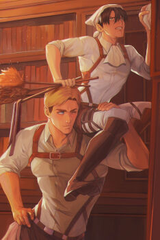 Rule 34 | 2boys, ascot, black boots, black hair, blonde hair, blue eyes, bookshelf, boots, carrying over shoulder, chest strap, cleaning, collared shirt, commentary, covered pectorals, duster, english commentary, erwin smith, full body, gravesecrets, hand on own hip, headscarf, highres, holding, holding duster, levi (shingeki no kyojin), long sleeves, looking up, male focus, multiple boys, on person, pectorals, shingeki no kyojin, shirt, shirt tucked in, shoe soles, short hair, sitting on shoulder, sleeves pushed up, sweat, teeth, white headscarf, white shirt