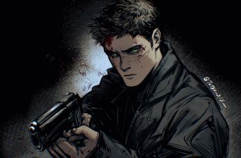 Rule 34 | 1boy, arms up, black jacket, black shirt, black theme, blood, blood on face, brown hair, closed mouth, dean winchester, frown, gun, handgun, hashtag-only commentary, highres, holding, holding gun, holding weapon, injury, jacket, long sleeves, looking at viewer, male focus, open clothes, open jacket, sanpaku, shirt, short hair, solo, supernatural (tv series), tatsu (tatsumccree), twitter username, upper body, weapon