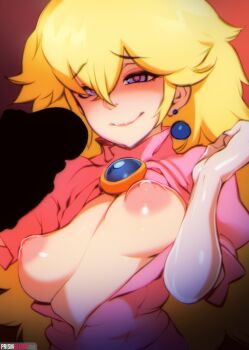 1girl absurdres blonde_hair blue_eyes breasts doxy dress earrings halterneck highres jewelry jumpsuit long_hair mario_(series) midriff narrow_waist navel nintendo nipples penis penis_silhouette perky_breasts ponytail princess_peach scrunchie small_breasts standing stomach super_mario_bros._1