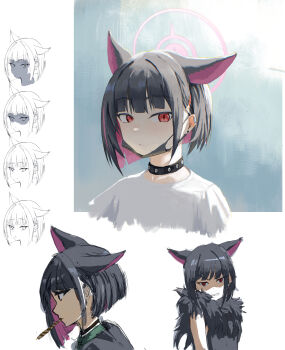 1girl absurdres animal_ears atrxa black_choker black_dress black_hair black_jacket blue_archive blunt_bangs cat_ears choker colored_inner_animal_ears colored_inner_hair commentary dress ear_piercing empty_eyes english_commentary floppy_ears food from_side fur-trimmed_dress fur_trim green_sailor_collar halo highres jacket kazusa_(band)_(blue_archive) kazusa_(blue_archive) kazusa_(halloween)_(blue_archive) looking_at_viewer mask mouth_mask multicolored_hair multiple_expressions multiple_views official_alternate_costume piercing pink_hair pink_halo pretend_cigarette red_eyes sailor_collar shaded_face shirt short_hair sidelocks sleeveless sleeveless_dress slit_pupils smoking unworn_mask wafer_stick white_shirt