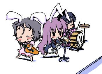 Rule 34 | 3girls, animal ears, baku taso, caricature, chibi, female focus, full body, houraisan kaguya, inaba tewi, itigekimaru, multiple girls, rabbit ears, reisen udongein inaba, simple background, touhou, white background