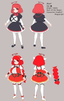 1girl absurdres ahoge black_dress braid breasts dress english_text flat_color highres huge_breasts long_hair long_sleeves looking_at_viewer magical_girl oppai_loli original pldf red_dress red_eyes red_hair reference_sheet short_hair simple_background solo