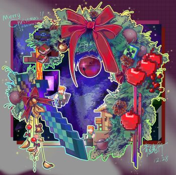 2girls alex_(minecraft) apple bell book bow chinese_commentary christmas christmas_wreath commentary_request creeper food fruit highres house jingle_bell lava merry_christmas minecraft minecraft_(style) minecraft_shield minecraft_sword mini_person minigirl multiple_girls music_disc_(minecraft) nether_portal object_focus official_style pinecone polearm red_bow shield sweet_berries_(minecraft) sword trident vinyl_record weapon wreath yizhiyeuvelo