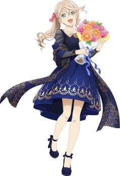 1girl alisha_diphda artist_request blonde_hair blue_dress bouquet breasts dress flower full_body game_cg green_eyes high_heels highres looking_at_viewer official_art open_mouth shoes smile solo tales_of_(series) tales_of_asteria tales_of_zestiria third-party_source transparent_background