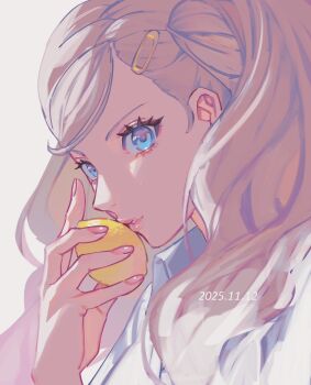 Rule 34 | 1girl, blonde hair, blue eyes, close-up, commentary request, dated, fingernails, food, fruit, hair ornament, hairclip, hand up, highres, holding, holding food, holding fruit, holding lemon, lemon, long hair, looking at viewer, parted hair, parted lips, persona, persona 5, pink lips, portrait, sageo yn, shirt, side part, simple background, solo, takamaki anne, twintails, white background, white shirt, wing collar