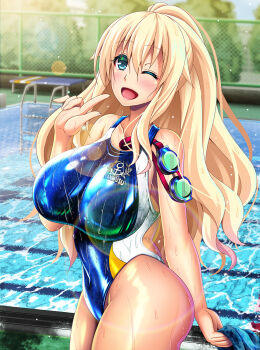 1girl anchor_symbol atago_(kancolle) blonde_hair blue_one-piece_swimsuit blue_sky breasts chain-link_fence cloud commentary_request competition_swimsuit cowboy_shot day fence goggles green_eyes highres index_finger_raised kantai_collection large_breasts long_hair looking_at_viewer militia_minpei naughty_face one-piece_swimsuit one_eye_closed outdoors pool sky smile solo swimsuit translation_request unworn_goggles unworn_swim_cap
