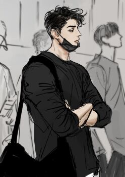 Rule 34 | 1boy, bag, black hair, black shirt, closed mouth, commentary request, crossed arms, duffel bag, faceless, faceless male, haikyuu!!, korean commentary, male focus, mask, mask pull, mh o o9, mole, mole on forehead, mouth mask, people, sakusa kiyoomi, shirt, short hair, solo focus, upper body