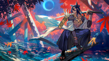 1boy animal_ears armor bell blue_hair blue_hakama closed_mouth commentary_request hakama highres holding holding_sword holding_weapon japanese_clothes jewelry jingle_bell katana lack leaf long_hair male_focus original outdoors sandals shoulder_armor solo sword tail toenails weapon yellow_eyes zouri