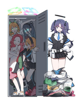 5girls @_@ absurdres animal_ear_headphones animal_ears aris_(blue_archive) black_hair black_hairband black_jacket black_skirt blonde_hair blue_archive blue_eyes blue_halo blue_necktie commentary_request fake_animal_ears game_development_department_(blue_archive) glowing glowing_eyes green_eyes green_halo hairband halo headphones highres id_card in_locker jacket long_hair maton_3110 midori_(blue_archive) momoi_(blue_archive) multiple_girls necktie orange_halo pink_eyes pink_halo pink_shoes pleated_skirt purple_hair red_hair sandals shoes siblings sisters skirt twins two_side_up unworn_jacket yuuka_(blue_archive) yuzu_(blue_archive)