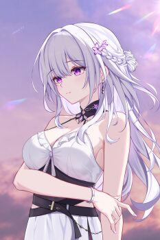 1girl absurdres arm_under_breasts bare_shoulders braid breasts cleavage closed_mouth commentary dress earrings fingernails flower hair_flower hair_ornament halter_dress halterneck highres jewelry light_blush long_hair medium_breasts nail_polish original outdoors purple_eyes purple_flower purple_nails purple_sky signature sky solo upper_body white_dress white_hair xiaoye795