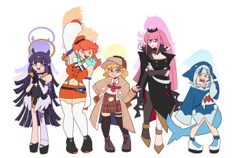 5girls :d alt_text animal_hood aqua_hair arm_up bare_shoulders black_dress black_gloves black_nails black_thighhighs black_tiara blonde_hair blue_eyes blunt_bangs breasts brown_coat brown_hat brown_skirt cleavage closed_mouth coat collared_shirt commentary crop_top crossed_arms detached_sleeves detective dress earrings english_commentary eyelashes fang feather_earrings feathers fins fish_tail gawr_gura gawr_gura_(1st_costume) gloves green_eyes halo hat highres hololive hololive_english holomyth hood jewelry long_hair medium_hair midriff ministarfruit mori_calliope mori_calliope_(1st_costume) multicolored_hair multiple_girls nail_polish navel ninomae_ina&#039;nis ninomae_ina&#039;nis_(1st_costume) open_clothes open_coat open_mouth orange_hair orange_hat orange_shirt orange_skirt own_hands_together pink_eyes purple_hair red_eyes shark_girl shark_hood shark_tail sharp_teeth shirt short_hair simple_background skirt smile standing tail takanashi_kiara takanashi_kiara_(1st_costume) teeth thighhighs tiara two-tone_hair v-shaped_eyes very_long_hair virtual_youtuber watson_amelia watson_amelia_(1st_costume) white_background white_shirt white_thighhighs