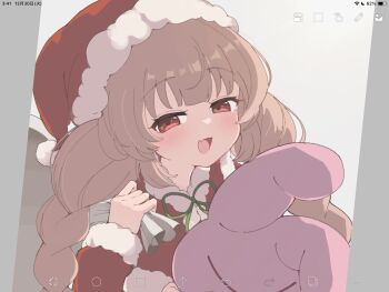 Rule 34 | 1girl, blonde hair, blush, commentary request, fake screenshot, fang, hat, highres, looking at viewer, nakagawa (nakagawa sugar), natori sana, natori sana (santa), open mouth, red eyes, red hat, sana channel, santa costume, santa hat, skin fang, solo, stuffed animal, stuffed toy, virtual youtuber