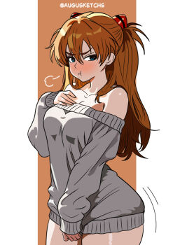 1girl augusketchs blue_eyes blush hair_ornament neon_genesis_evangelion pout red_eyes souryuu_asuka_langley sweater thighs