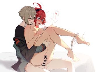 Rule 34 | 1boy, 1girl, absurdres, ahoge, aki663, bar censor, barefoot, black shirt, blue eyes, blush, book, bottomless, breast press, breasts, brown hair, censored, elan ceres, girl on top, green eyes, gundam, gundam suisei no majo, hair between eyes, heart, heart-shaped pupils, hetero, highres, holding, holding book, legs up, long sleeves, medium breasts, motion lines, nipples, nose blush, nude, open book, open mouth, panties, panties around leg, parted lips, penis, pussy, red hair, sex, shirt, short hair, simple background, sitting, smile, suletta mercury, symbol-shaped pupils, testicles, thick eyebrows, underwear, vaginal, white background