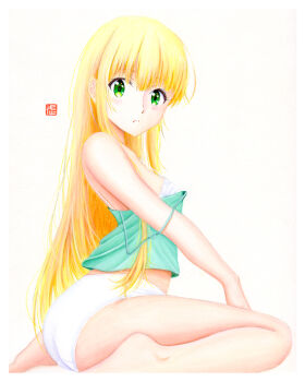 Rule 34 | 1girl, artist name, bare shoulders, barefoot, blonde hair, blush, border, bra, camisole, closed mouth, clothes pull, commentary, expressionless, from side, full body, green camisole, green eyes, hair over shoulder, izumi noel, light frown, long hair, looking at viewer, looking to the side, midriff, on ground, one room hiatari futsuu tenshi-tsuki, painting (medium), panties, shirt pull, sidelocks, signature, simple background, sitting, solo, spaghetti strap, strap slip, traditional media, underwear, very long hair, wariza, watercolor (medium), white background, white border, white bra, white panties, y takeshinu wan