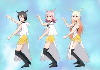 3girls black_hair blonde_hair dancing fate/grand_order fate_(series) hildr_(fate) long_hair medium_hair multiple_girls ortlinde_(fate) overman_king_gainer parody pink_hair red_eyes short_hair the_monkey thrud_(fate) valkyrie_(fate) wing_ears