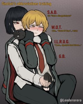 1boy 1girl black_gloves black_hair black_jacket blonde_hair blush bob_cut cigarette commentary english_commentary english_text erection gloves handjob handjob_over_clothes hetero holding holding_cigarette jacket jacket_on_shoulders leoderorero limbus_company long_sleeves necktie one_eye_closed one_eye_covered open_clothes open_jacket open_mouth penis penis_in_glove penis_under_another's_clothes project_moon red_eyes red_necktie ringed_eyes ryoshu_(project_moon) shirt short_hair simple_background sinclair_(project_moon) single_glove smile smoke strangling tearing_up testicles uncensored white_shirt yellow_eyes