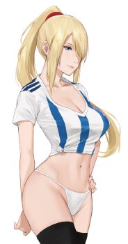 1girl bikini bikini_bottom_only black_thighhighs blonde_hair blue_eyes blush breasts cleavage closed_mouth collarbone commentary_request cowboy_shot crop_top eyes_visible_through_hair hair_over_one_eye hand_on_own_hip highres j@ck large_breasts long_hair looking_away metroid midriff mixed-language_commentary navel nintendo ponytail samus_aran shirt short_sleeves sidelocks smile solo stomach striped_clothes striped_shirt swimsuit thighhighs tied_shirt vertical-striped_clothes vertical-striped_shirt white_bikini white_shirt