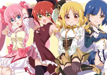 4girls armpit_peek blonde_hair blue_eyes blue_hair blush bocchi_the_rock! border bow cosplay detached_sleeves drill_hair fingerless_gloves fortissimo gloves gotoh_hitori hair_bow hair_ornament highres ijichi_nijika kaname_madoka kaname_madoka_(cosplay) kita_ikuyo long_hair looking_at_viewer magical_girl mahou_shoujo_madoka_magica miki_sayaka miki_sayaka_(cosplay) multiple_girls musical_note musical_note_hair_ornament open_mouth orange_eyes pink_hair red_hair sakura_kyoko sakura_kyoko_(cosplay) short_hair simple_background skirt smile thighhighs tomoe_mami tomoe_mami_(cosplay) tutanai twintails white_border yamada_ryo yellow_background yellow_eyes
