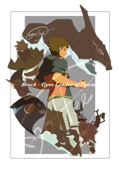 1boy absurdres blissey border brock_(pokemon) brown_hair cccacademia character_name clenched_hand closed_eyes closed_mouth comfey commentary_request croagunk crobat forretress gen_1_pokemon gen_2_pokemon gen_3_pokemon gen_4_pokemon gen_7_pokemon geodude grey_background highres jacket ludicolo male_focus marshtomp nintendo onix pants pokemon pokemon_lgpe short_hair short_sleeves signature sudowoodo white_border