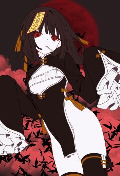 1girl bikini black_dress black_hair black_thighhighs breastless_clothes china_dress chinese_clothes cigarette closed_mouth dress eyepatch_bikini flat_chest frilled_sleeves frills highres jiangshi limbus_company looking_at_viewer medium_hair moon ofuda ofuda_on_head project_moon red_moon ribbon rodionlotte ryoshu_(project_moon) solo swimsuit tassel thighhighs white_bikini yellow_ribbon