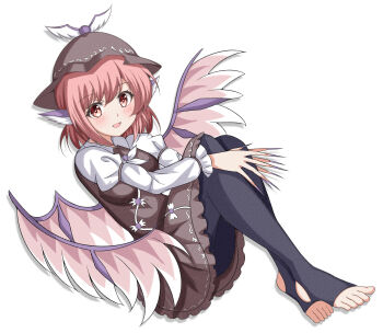 1girl absurdres animal_ears bird_ears bird_wings black_pantyhose breasts brown_dress brown_hat chestnut95 commentary dress feathered_wings feet fingernails full_body green_nails hat highres long_fingernails medium_breasts mob_cap mystia_lorelei pantyhose pink_eyes pink_hair pink_wings shirt simple_background solo stirrup_legwear toeless_legwear toes touhou white_background white_shirt wings