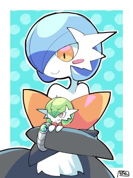 absurdres alternate_color artist_name black_dress black_gloves blue_background blue_hair bob_cut dress elbow_gloves gardevoir gen_3_pokemon gloves green_hair highres hime_takeo mega_gardevoir mega_pokemon nintendo orange_eyes pink_eyes pokemon pokemon_(creature) shiny_pokemon signature smile sweat white_dress