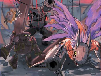 Rule 34 | arm cannon, cyborg, digimon, digimon (creature), dragon, evolutionary line, gears, glowing, glowing eyes, green eyes, group picture, guardromon, hagurumon, helmet, highres, mechanical arms, megadramon, megane mochi, mugendramon, non-humanoid robot, open mouth, orange scales, purple hair, purple wings, red eyes, robot, robot dragon, short hair, shoulder cannon, torn wings, trait connection, v-shaped eyebrows, weapon, wings, yellow eyes