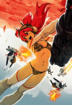 1girl absurdres arm_warmers battle bikini black_eyes blurry body_freckles breast_freckles breasts camouflage camouflage_bikini clothing_cutout cloud cloudy_sky depth_of_field explosion feet_out_of_frame floating_hair freckles goggles goggles_on_head green_bikini gun head_tilt headphones highres holding holding_gun holding_weapon huge_weapon leg_warmers long_hair long_sleeves midair motion_blur navel navel_piercing nifast_(greentail) open_mouth original piercing radio_antenna red_hair robot shoulder_cutout shoulder_freckles shrug_(clothing) side-tie_bikini_bottom sky small_breasts smile stomach swimsuit thigh_freckles thighhighs truck_(nifast_(greentail)) two_side_up weapon white_thighhighs