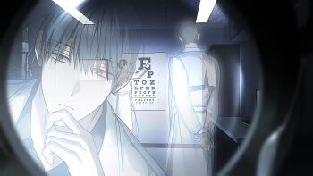 1boy afterimage black_hair black_shirt ceiling_light coat collared_shirt glowing highres indoors kim_dokja looking_at_viewer multiple_views omniscient_reader's_viewpoint open_clothes open_coat popped_collar pov see-through_body shirt short_hair tanppopo9 vision_test white_coat