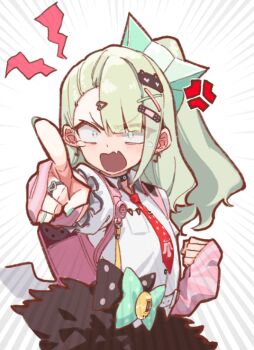 1girl anger_vein aqua_nails bandaid bandaid_hair_ornament black_skirt chinatsu_remiel clenched_hand collar commentary_request earrings emphasis_lines fang frilled_sleeves frills fur-trimmed_skirt fur_trim green_eyes green_hair hair_ornament heart heart_hair_ornament jewelry looking_at_viewer multicolored_eyes multiple_hair_clips multiple_rings musical_note_earrings necktie nnnutreu04 open_mouth pink_arm_warmers pink_bag pink_eyes pointing pointing_at_viewer ponytail red_necktie ring shirt shout_lines skirt solo striped_arm_warmers tearing_up upper_body white_background white_shirt winged_bag zenless_zone_zero