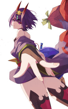 1girl absurdres bare_shoulders breasts bridal_gauntlets eyeliner fate/grand_order fate_(series) headpiece highres horns izanaware_game japanese_clothes kimono long_sleeves looking_at_viewer looking_back makeup obi oni outstretched_arm pointy_ears purple_eyes purple_hair purple_kimono sash short_hair short_kimono shuten_douji_(fate) skin-covered_horns small_breasts solo thighs wide_sleeves