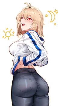 1girl absurdres arcueid_brunestud ass black_pants blonde_hair blush breasts dexazael highres hood hooded_sweater large_breasts long_sleeves looking_at_viewer looking_back open_mouth pants red_eyes short_hair smile solo sweater tsukihime white_sweater