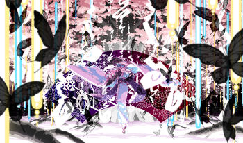 Rule 34 | 1girl, alternate hair length, alternate hairstyle, arm up, black butterfly, blue kimono, blurry, bug, butterfly, cherry blossom print, cherry blossoms, cloud print, danmaku, depth of field, dual wielding, egasumi, floating, floating hair, floral print, folding fan, giant tree, glowing, goshoguruma, hair over one eye, hand fan, hat, highres, holding, holding fan, insect, japanese clothes, kimono, laser, long hair, long sleeves, looking at viewer, mob cap, moon print, obi, open mouth, pink eyes, pink hair, plant roots, platform sandals, print sash, purple sash, saigyou ayakashi, saigyouji yuyuko, saigyouji yuyuko's fan design, sakuraba yuuki, sandals, sash, see-through clothes, shippou (pattern), smile, solo, spell card, tabi, touhou, tree, triangular headpiece, veil, wide sleeves, zouri