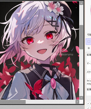 1girl :d art_program_in_frame beret black_choker black_hat brooch bug butterfly choker commentary_request fang flower gradient_hair hair_flower hair_ornament hat iku2727 insect jewelry looking_at_viewer mahou_shoujo_no_majo_saiban multicolored_hair neck_ribbon open_mouth pink_hair red_butterfly red_eyes ribbon sakuraba_ema short_hair smile solo unfinished upper_body white_flower white_hair white_ribbon x_hair_ornament