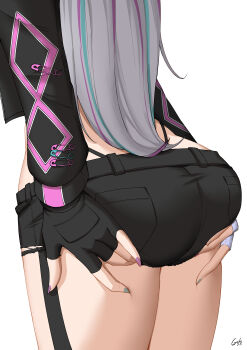 Rule 34 | 1girl, absurdres, aqua hair, ass, ass focus, ass support, black gloves, black jacket, black shorts, ember amane, ember amane (1st costume), fingerless gloves, from behind, gifu 100, gloves, grabbing own ass, green nails, grey hair, highres, jacket, long hair, multicolored hair, multicolored nails, panty straps, phase connect, pocket, purple hair, purple nails, safety pin, second-party source, short shorts, shorts, signature, simple background, solo, streaked hair, two-tone nails, virtual youtuber, white background, white gloves
