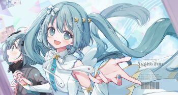 Rule 34 | 2girls, aqua eyes, aqua hair, aqua nails, batsu miku, black skirt, bow, closed mouth, commentary, dress, dual persona, gold trim, grey jacket, hair between eyes, hair bow, hair ornament, hashtag-only commentary, hatsune miku, highres, hiramado miku, holding hands, jacket, kowareta sekai to utaenai miku, long hair, long sleeves, looking at viewer, multiple girls, nagitofuu, official alternate costume, official alternate hairstyle, open mouth, project sekai, skirt, sleeveless, sleeveless dress, smile, spoilers, thighhighs, turtleneck, turtleneck jacket, twintails, very long hair, vocaloid, watermark, white bow, white thighhighs, wide sleeves, x hair ornament
