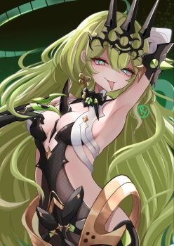 1girl armpits bad_anatomy bad_hands black_dress black_gloves breasts claw_ring closed_mouth dress earrings gloves green_eyes green_hair hashtag-only_commentary highres honkai_(series) honkai_impact_3rd jewelry long_hair medium_breasts mobius_(honkai_impact) royo21294110 single_earring single_sleeve slit_pupils smile solo tongue tongue_out very_long_hair wavy_hair white_sleeves