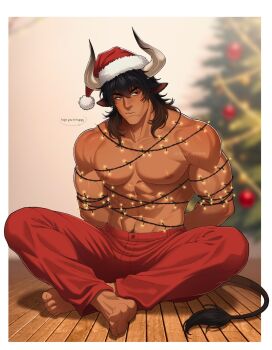 1boy :/ abs animal_ears arms_behind_back bara black_hair border broad_shoulders christmas christmas_lights christmas_ornaments christmas_tree closed_mouth collarbone cow_boy cow_ears cow_horns cow_tail dark-skinned_male dark_skin foggy_sparrow hat highres horns indian_style long_hair looking_to_the_side male_focus muscular muscular_male nipples original pants pectorals red_pants santa_hat sideways_glance sitting solo tail white_border
