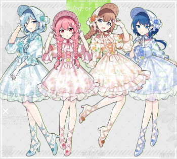 Rule 34 | 4girls, ankle lace-up, argyle background, black outline, blue eyes, blue flower, blue hair, blue rose, bonnet, border, bow, braid, brooch, brown hair, chinstrap, closed mouth, clover brooch, commentary request, cross-laced clothes, cross-laced dress, daisy (flower), detached collar, dot nose, dress, floral print, flower, footwear flower, frilled dress, frilled sleeves, frills, full body, gloves, grey background, grey eyes, hair between eyes, hair bow, hair flower, hair ornament, hanasato minori, hands up, hat, hat bow, hat flower, hat ribbon, high heels, highres, hinomori shizuku, jewelry, kiritani haruka, knees together feet apart, lace, lace gloves, lace pantyhose, leaf, leaf background, light blush, light smile, lolita fashion, long hair, long sleeves, looking at viewer, low twin braids, momoi airi, more more jump! (project sekai), multiple girls, open mouth, orange flower, orange rose, outline, pantyhose, pink eyes, pink hair, project sekai, puffy long sleeves, puffy sleeves, red flower, red rose, ribbon, rose, see-through clothes, see-through dress, see-through gloves, shade, shoes, sideways glance, simple background, single braid, smile, snowflake print, sun hat, sweet lolita, twin braids, waist bow, waka (wk4444), white border, white bow, white dress, white flower, white gloves, white hat, white pantyhose, white ribbon, white shoes, wide sleeves